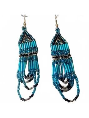 Handmade Blue Beaded Long Dangle Hook Earrings